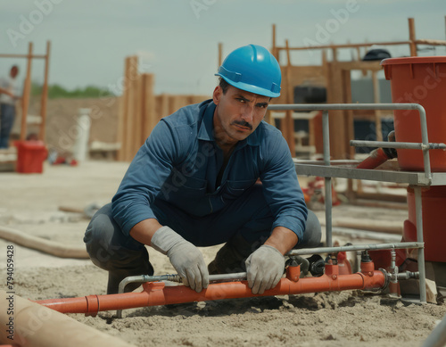Experienced plumber working on a plumbing system on a construction site, with skill and precision