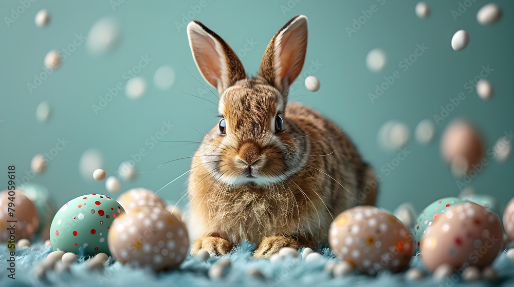 Playful Rabbit Surrounded by Pastel Easter Eggs on Green Background Playful Rabbit Surrounded by Pastel Easter Eggs on Green Background