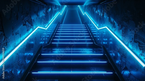 Neon-lit staircase leading into darkness futuristic design