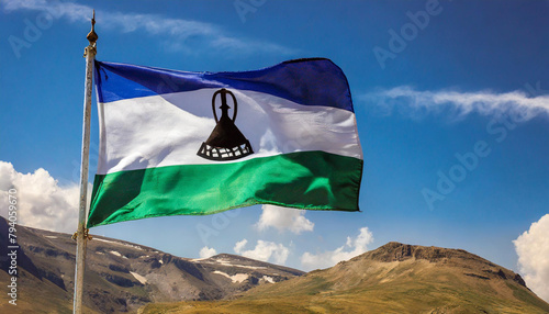 Εκτύπωση καμβά Die Fahne von Lesotho, flattert im Wind, isoliert, gegen den blauen Himmel