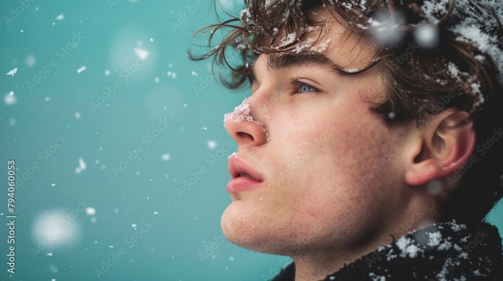 Winter wonder young man with snow in hair Winter wonder young man with snow in hair