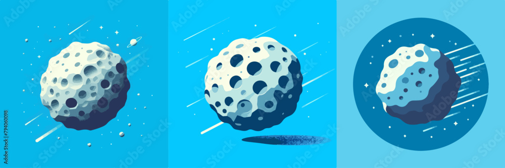 illustration set of meteor asteroid galaxy on blue background