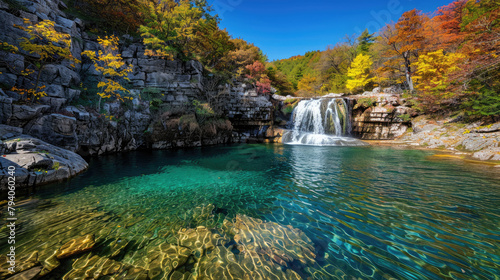 A rushing waterfall flows into a clear pool  surrounded by vibrant autumn leaves under a bright blue sky