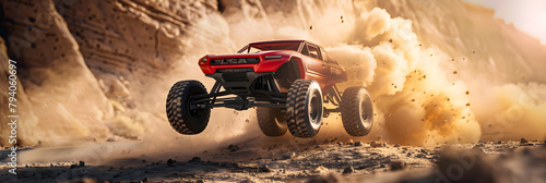 Captivating Shot of High-Speed RC Truck Performing Stunts Over Rugged Terrain