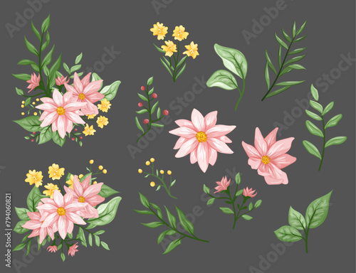 Pink Flower floral Watercolor Illustration 