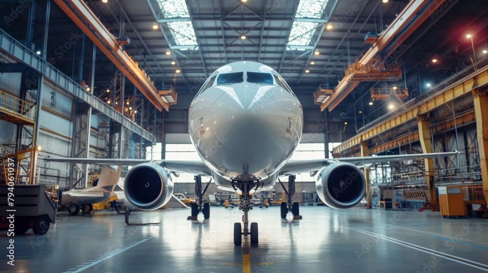 Passenger aircraft in a large repair hangar Passenger aircraft in a large repair hangar