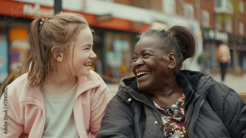 Photo of two women of different ages chatting in a town or city centre, happy and relaxed, laughing in conversation, urban centre, candid casual shot