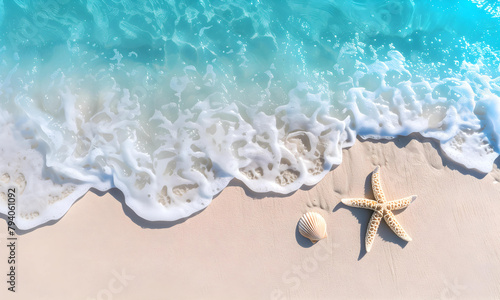 star fish and shell on the beach. beautiful white sand beach and turquoise water. Holiday summer beach background.