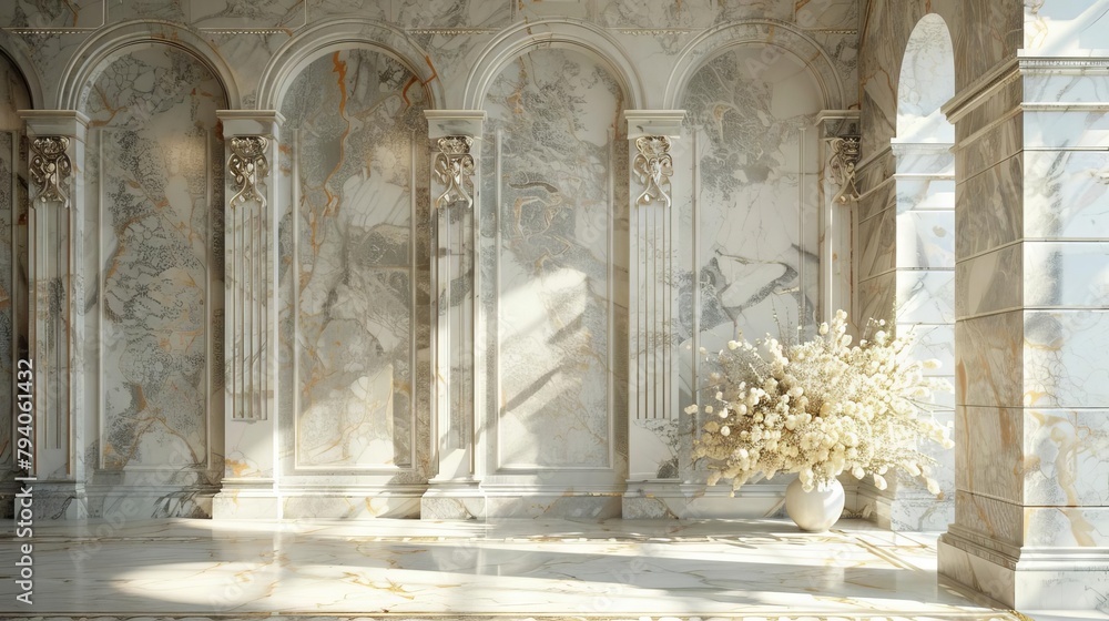 intricate marble interior with baroque elegance and delicate flowers 3d rendering