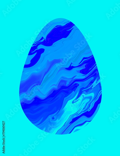 Marble texture blue egg isolated on turquoise background. Bright color. Celebration card. Design element. Art digital screen. Happy Easter poster. Life concept. banner. Sustainable development. Ocean