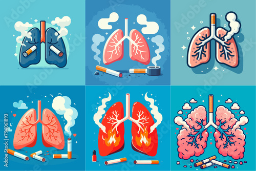 illustration of unhealthy lungs due to cigarette smoke. flat vector illustration