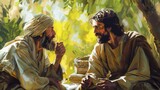 jesus christ and nicodemus talking about being born again biblical scene illustration christian art