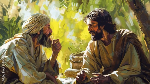 jesus christ and nicodemus talking about being born again biblical scene illustration christian art photo