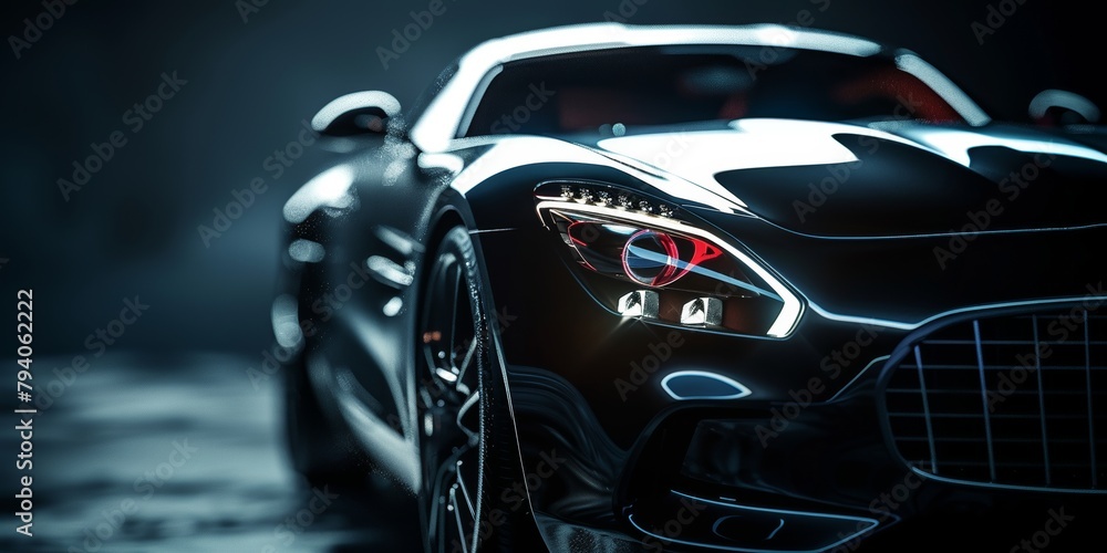 Sleek black sports car with highlighted headlights and reflective surface in the dark