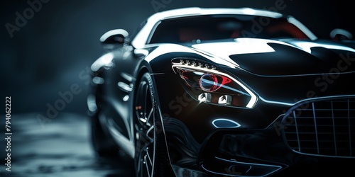 Sleek black sports car with highlighted headlights and reflective surface in the dark