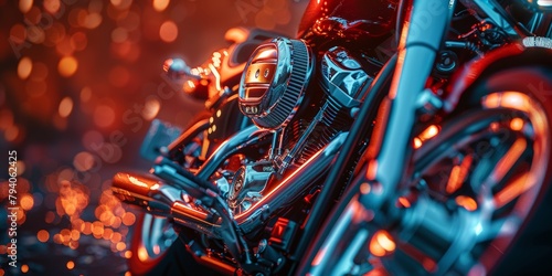 Close-up of a motorcycle engine and parts with red neon lights and bokeh effect photo