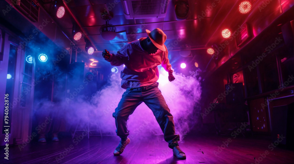 Hip Hop dancer dancing on a stage in neon colors. The young man is likely showcasing his dancing skills in a performance setting. Modern dance, clothing, performance art, and music.