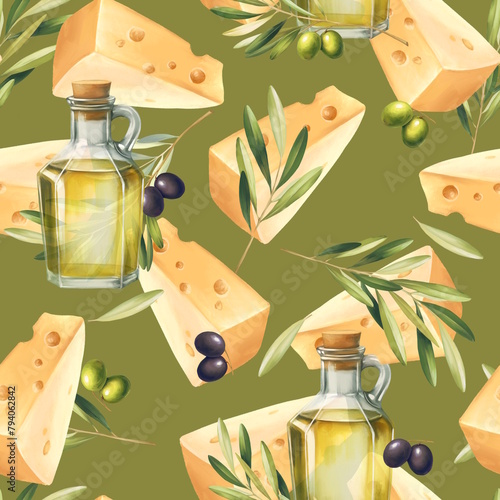 Seamless pattern with brunch of olives and cheese. Food background.