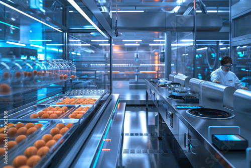 Detailed image of a biotech facility using CRISPR to develop hypoallergenic food products, showcasing gene editing tools and allergen testing 32k, photo