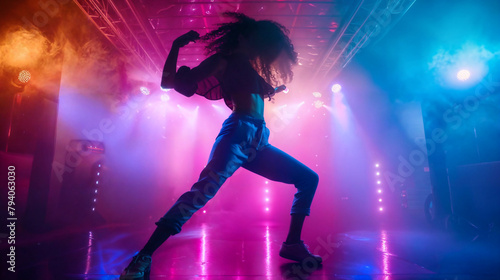 Hip Hop dancer dancing on a stage in neon colors. The young woman is likely showcasing his dancing skills in a performance setting. Modern dance, clothing, performance art, and music.
