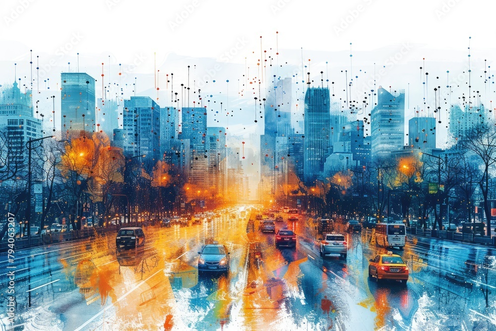 Conceptual illustration of a smart city with integrated IoT devices, autonomous vehicles, and pedestrian-friendly zones, emphasizing connectivity Conceptual illustration of a smart city with integrated IoT devices, autonomous vehicles, and pedestrian-friendly zones, emphasizing connectivity