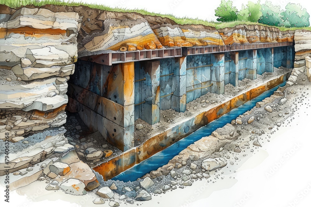 Cross-sectional illustration of a trench with protective systems in ...