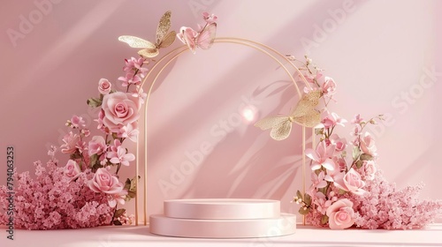 luxurious golden butterfly podium display with pink rose flowers and 3d floral arch beauty product showcase mockup wedding or spring event background digital illustration