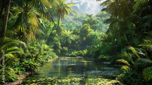 panoramic view of the tropical jungle  tropical forest scenery  tropical green landscape