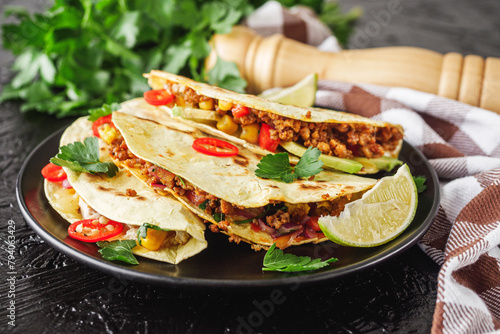 set of delicious fresh colorful quesadilla on a dark background