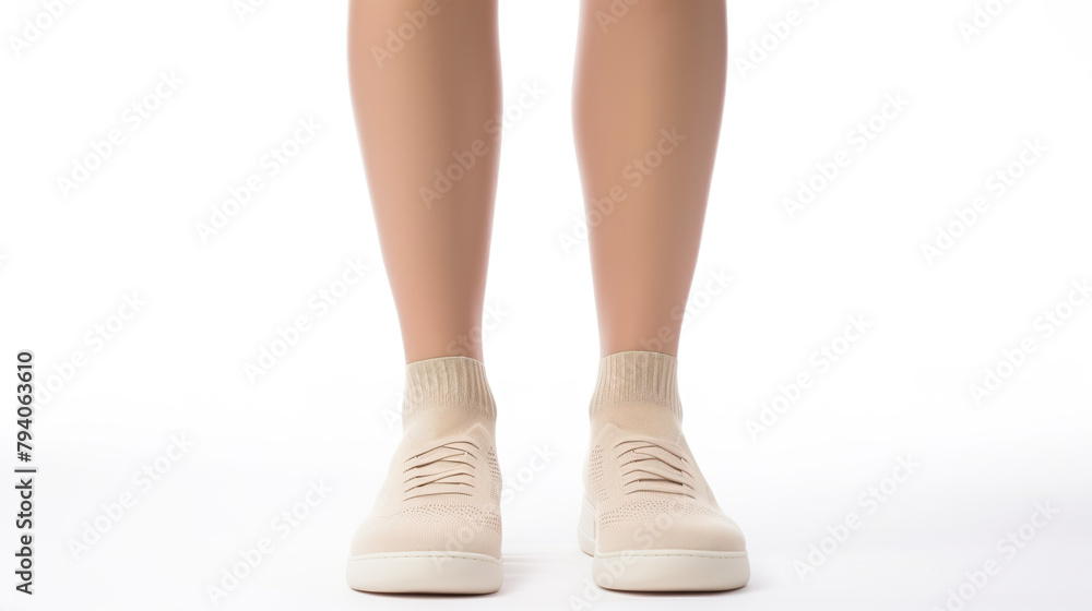An isolated image of a woman's legs wearing beige socks on a white background An isolated image of a woman's legs wearing beige socks on a white background