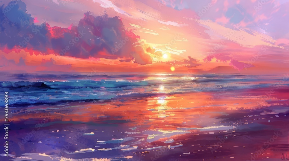 majestic sunrise over tranquil beach with vivid orange and pink hues digital painting majestic sunrise over tranquil beach with vivid orange and pink hues digital painting