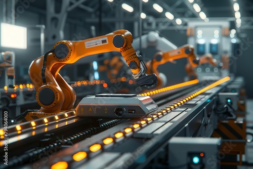 futuristic automation technology with robotic arms and conveyor belt industry 40 concept 3d render