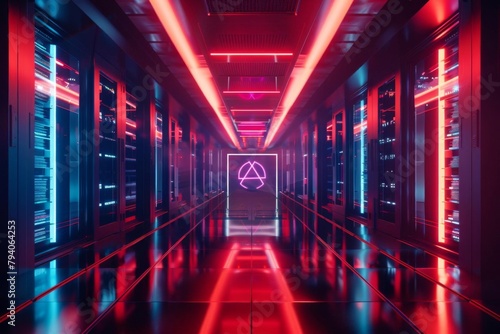 futuristic data center corridor with rack servers supercomputers and ai logo 3d illustration photo