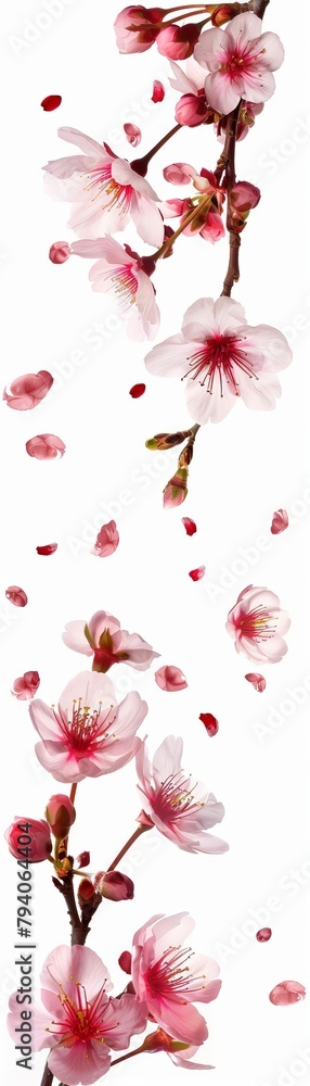 A branch of delicate pink cherry blossoms with petals falling against a white background. A branch of delicate pink cherry blossoms with petals falling against a white background.