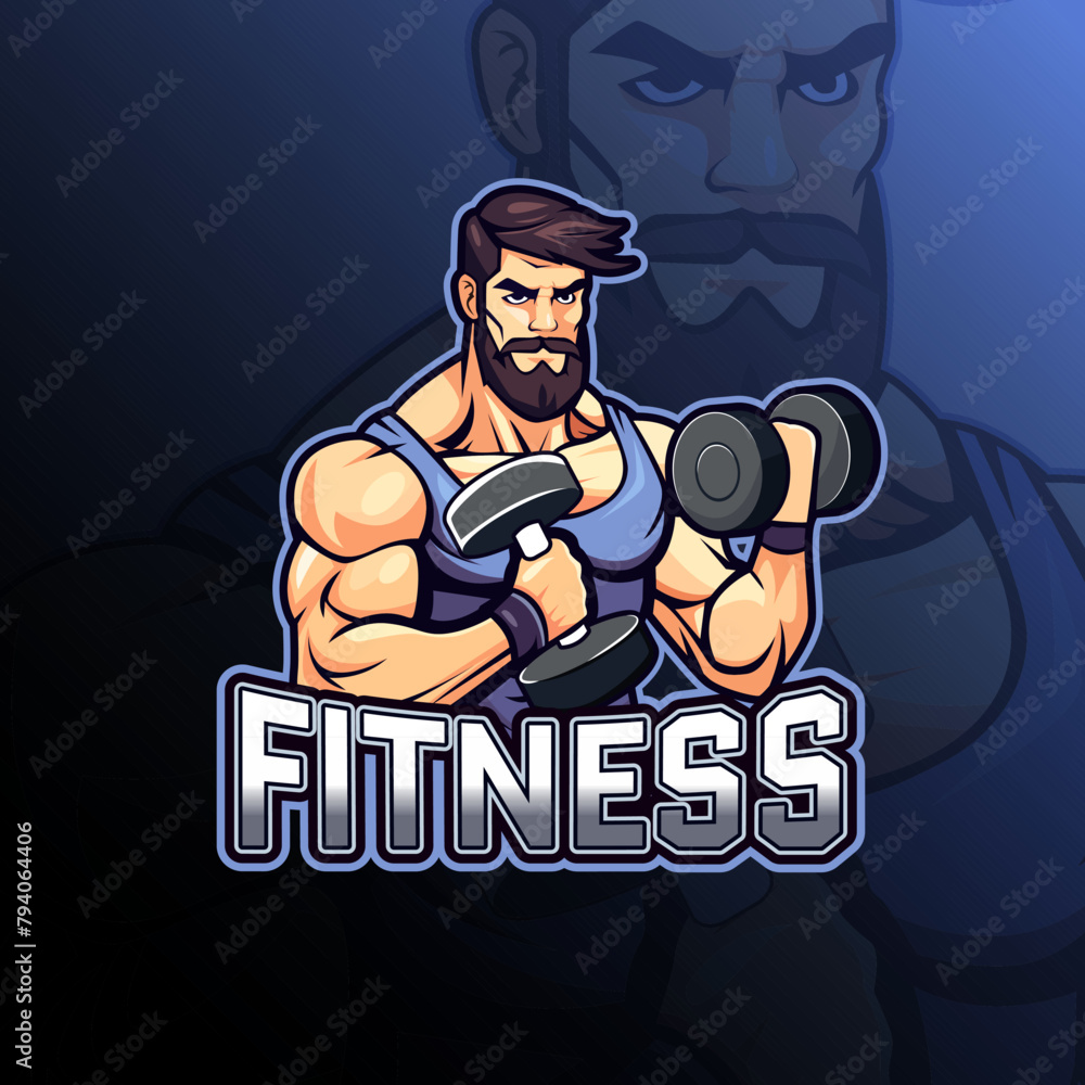 Fitness man with dumbell mascot logo design vector for badge, emblem, esport and t-shirt printing