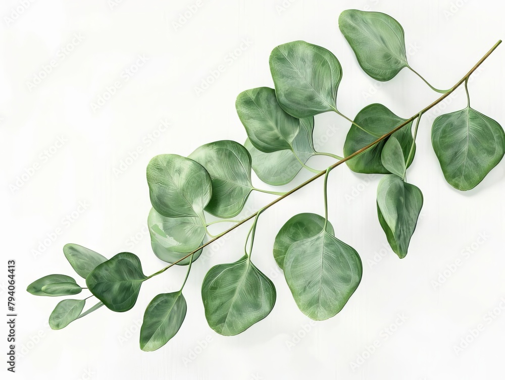 Obraz premium A branch of eucalyptus leaves on a white background.