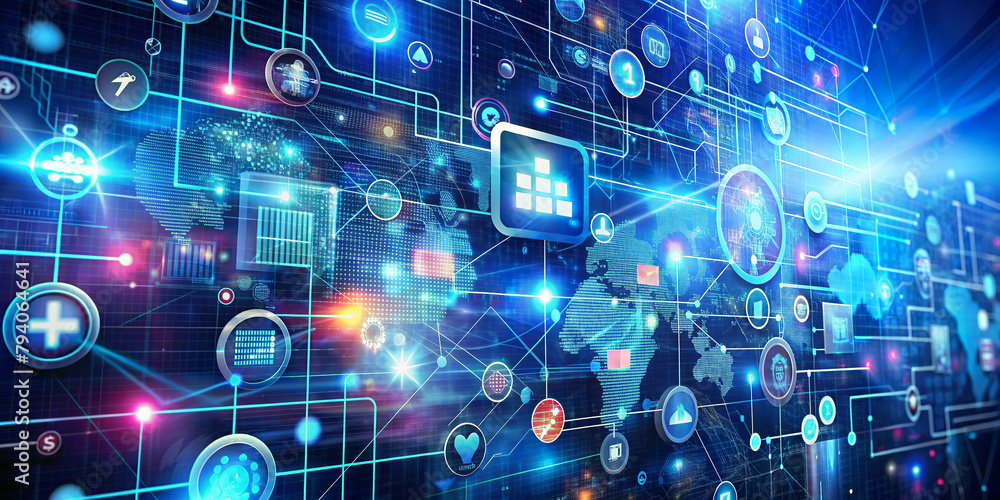 A vibrant network of interconnected icons and symbols representing ...
