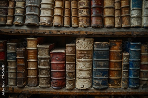 Old bookshelf, macro, leather spines for a cozy, scholarly background