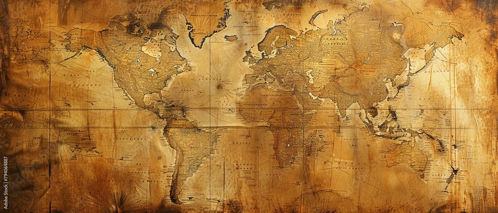 Old map textures, wide canvas, sepiatoned for an explorer s vintage wallpaper - obrazy, fototapety, plakaty 