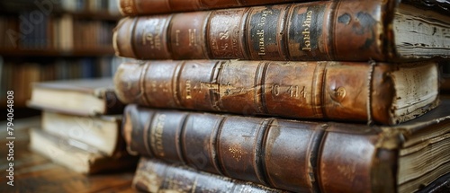 Old leather bound books, stacked, rich patina for a scholarly vintage wallpaper photo