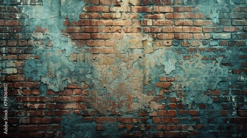 Old brick wall, wide lens, faded colors for an authentic vintage texture background photo
