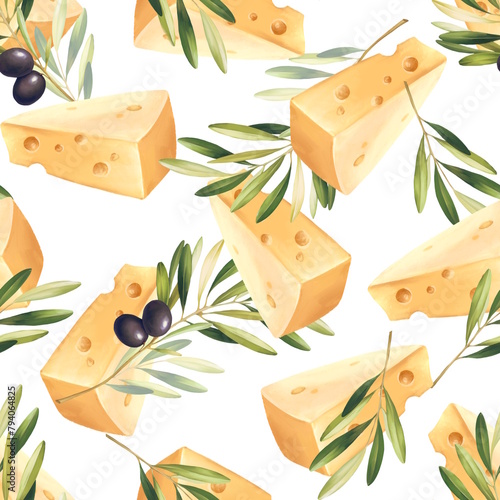 Seamless pattern with brunch of olives and cheese. Food background.