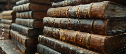 Old leather bound books, stacked, rich patina for a scholarly vintage wallpaper photo