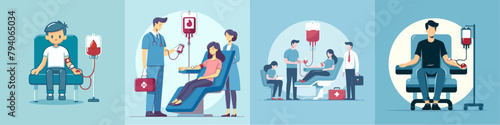 illustration collection of a person donating blood. Social active youth. Life saving impact of blood.