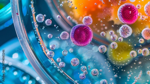 microscopic view of colorful bacteria and viruses in petri dish abstract scientific background