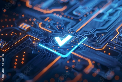 glowing check mark icon on futuristic blue circuit board background 3d