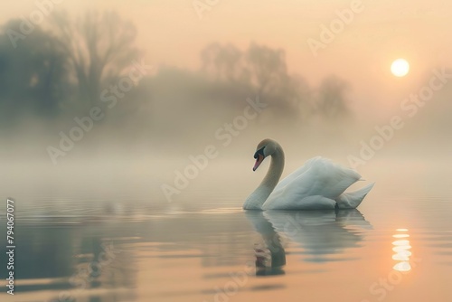 graceful swan gliding on misty lake at sunrise serene nature scene #794067077