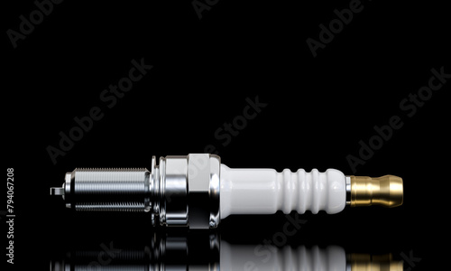 High-quality image of a spark plug isolated on a reflective black surface