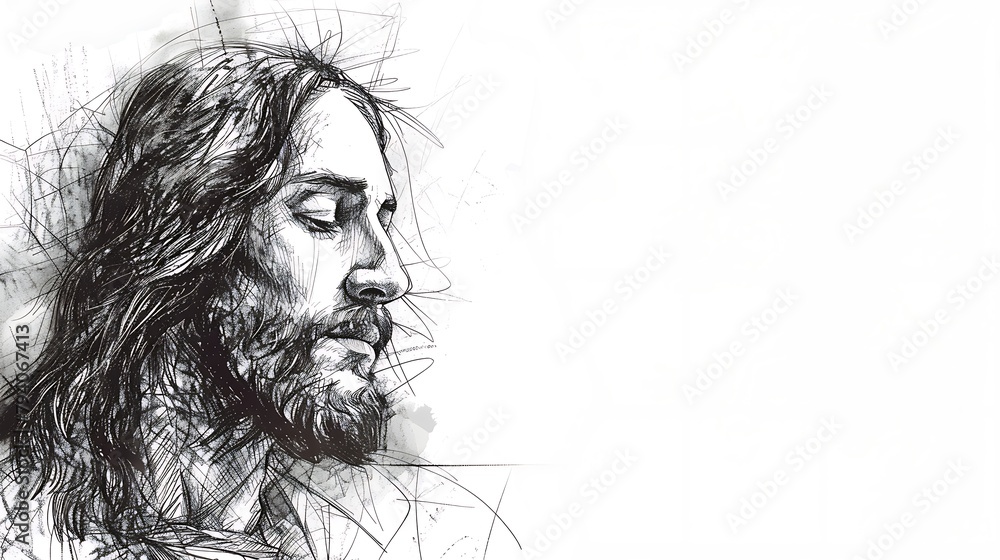 Jesus Christ Sketch: White Background, Space for Text, Religious Artwork Illustration Jesus Christ Sketch: White Background, Space for Text, Religious Artwork Illustration