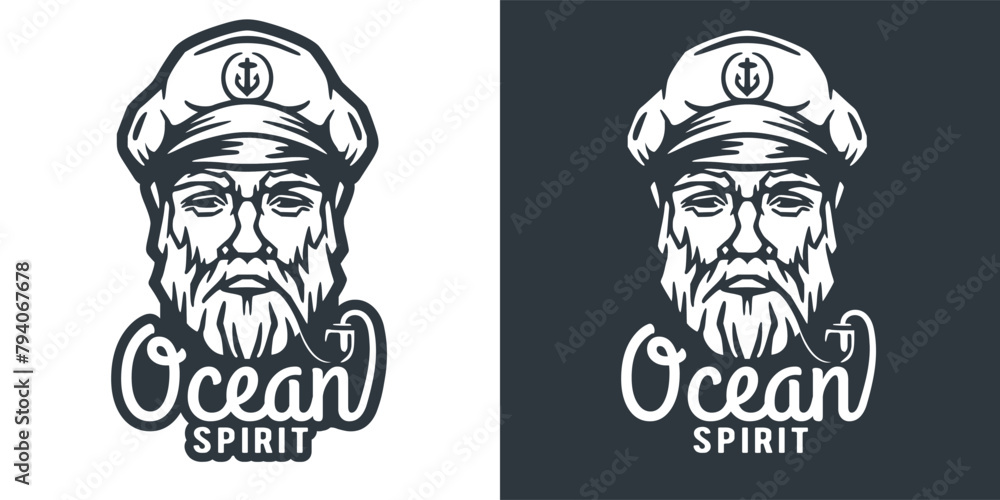 Obraz premium Bearded ship captain with a pipe and peaked cap for marine nautical design